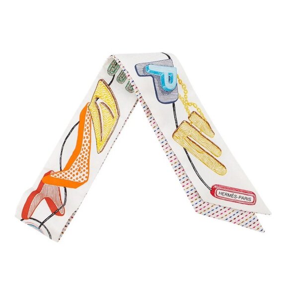 HERMES Twilly Chevaloscope Pointier Silk100% White/Rose/Vert - Picture 1 of 9